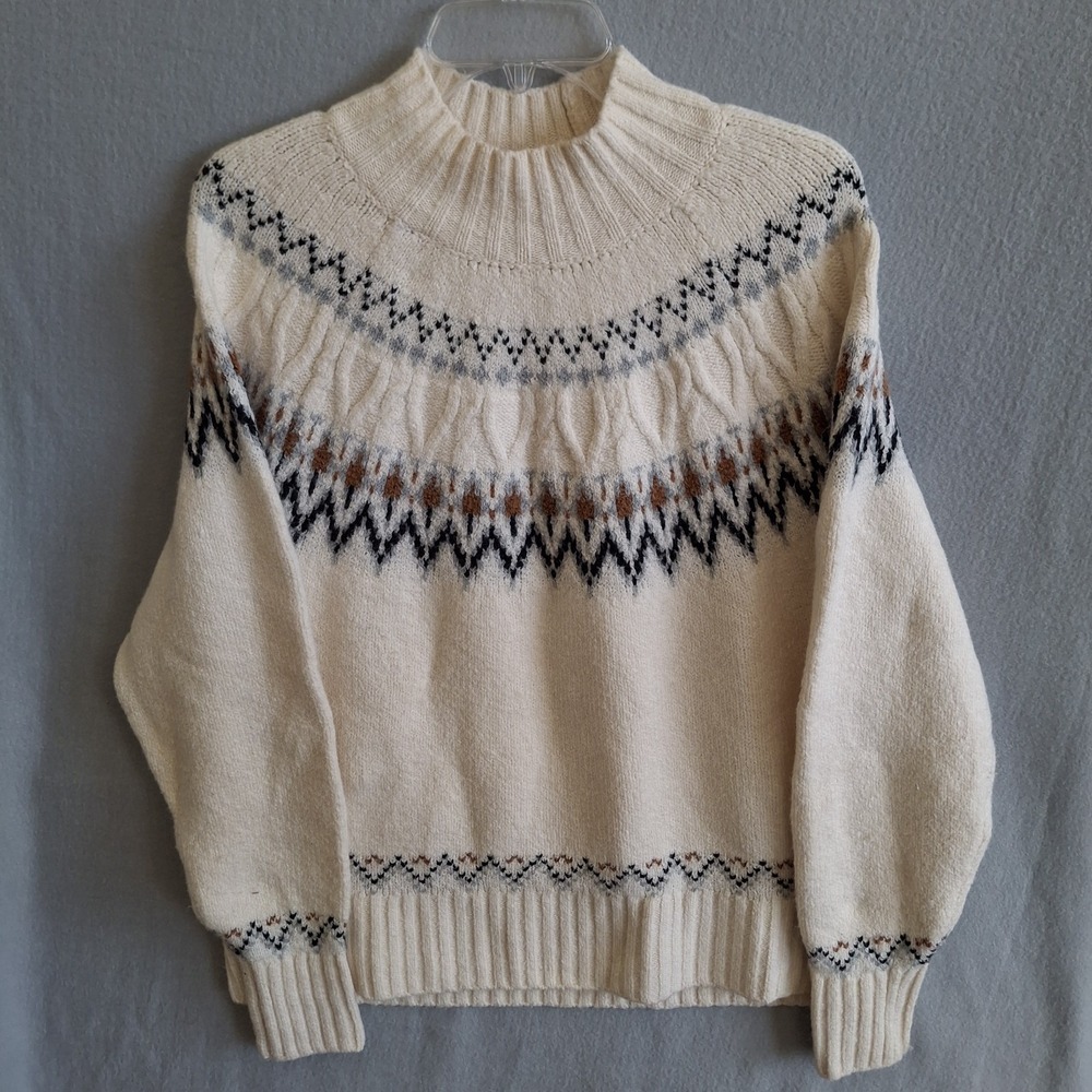Nicole Miller Artelier Fair Isle Mock Neck Sweater XL Ivory Cotton Blend Boho